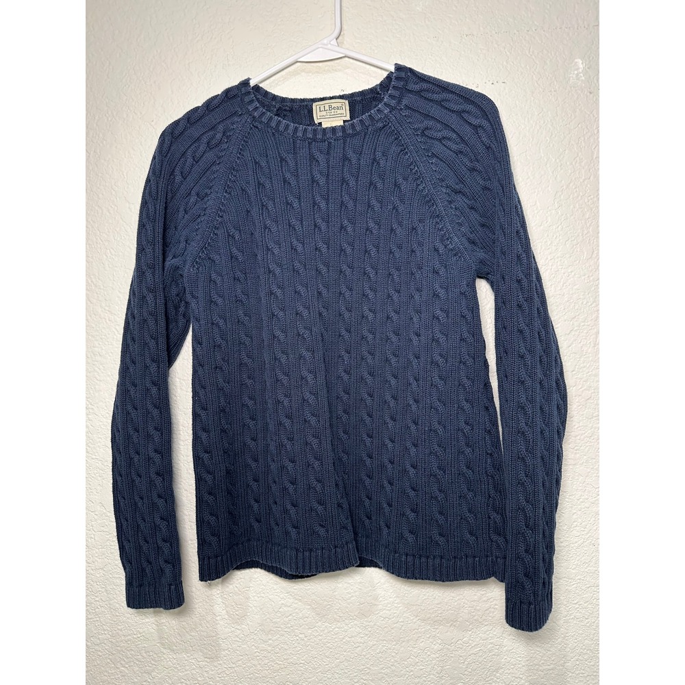 LL Bean Womens Cable Knit Sweater Navy Blue 100% Cotton Crewneck Large OBUG6